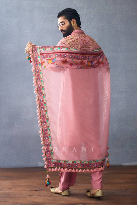 Shop_Torani_Pink Embroidery, Tassels Dil Ruba Arwa Scarf _at_Aza_Fashions