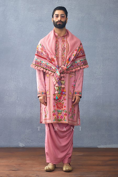 Torani_Pink Embroidery, Tassels Dil Ruba Arwa Scarf _Online_at_Aza_Fashions