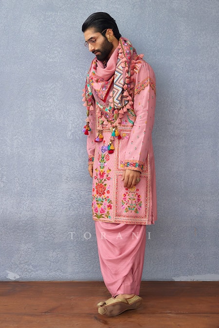 Torani_Pink Embroidery, Tassels Dil Ruba Arwa Scarf _at_Aza_Fashions