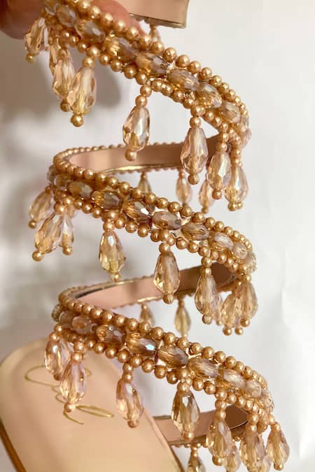 Ciel_Rose Gold Pearls, Crystals Chandelier Embellished Spiral Heels _Online_at_Aza_Fashions