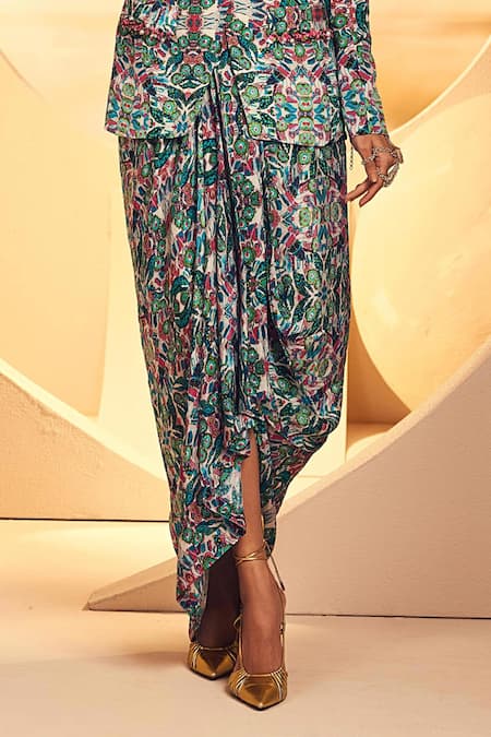 Aneesh Agarwaal Grey Crepe Embroidery Floral Print Blazer And Draped Dhoti Skirt Set Online at Aza Fashions Aneesh Agarwaal_Grey Crepe Embroidery Floral Print Blazer And Draped Dhoti Skirt Set _Online_at_Aza_Fashions