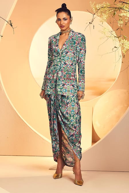 Buy Aneesh Agarwaal Grey Crepe Embroidery Floral Print Blazer And Draped Dhoti Skirt Set Online at Aza Fashions Buy_Aneesh Agarwaal_Grey Crepe Embroidery Floral Print Blazer And Draped Dhoti Skirt Set _Online_at_Aza_Fashions