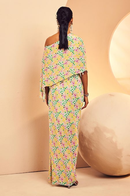 Shop_Aneesh Agarwaal_Blue Crepe Beads One Shoulder Printed Draped Dress _at_Aza_Fashions