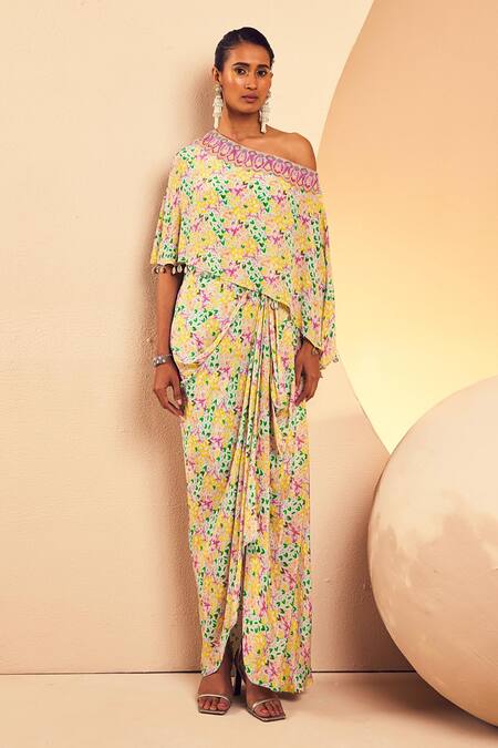 Aneesh Agarwaal_Blue Crepe Beads One Shoulder Printed Draped Dress _Online_at_Aza_Fashions