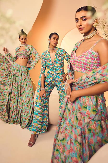 Aneesh Agarwaal_Green Crepe Embroidery Lake Forest Print Cape Sleeve Blazer And Pant Set _Online_at_Aza_Fashions