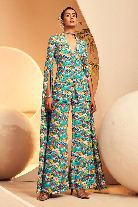 Aneesh Agarwaal_Green Crepe Embroidery Lake Forest Print Cape Sleeve Blazer And Pant Set _at_Aza_Fashions