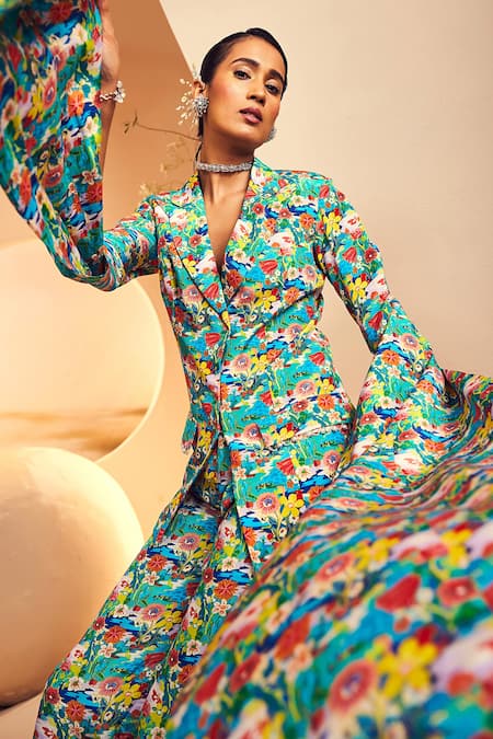 Shop_Aneesh Agarwaal_Green Crepe Embroidery Lake Forest Print Cape Sleeve Blazer And Pant Set 