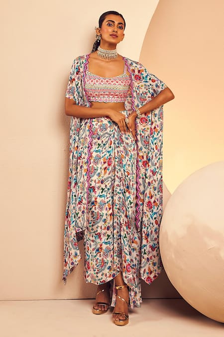 Aneesh Agarwaal Mexican Folk Print Cape Draped Skirt Set 