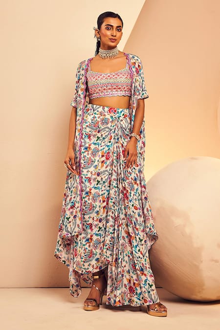 Aneesh Agarwaal White Crepe Sequins, Mirrors, Mexican Folk Print Cape Draped Skirt Set Online at Aza Fashions Aneesh Agarwaal_White Crepe Sequins, Mirrors, Mexican Folk Print Cape Draped Skirt Set _Online_at_Aza_Fashions