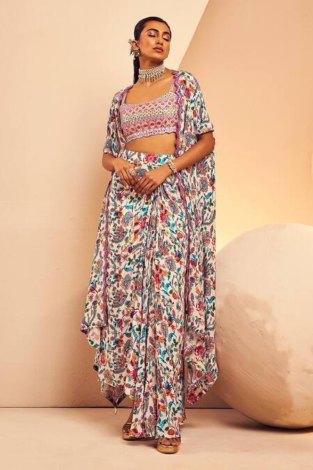 Buy Aneesh Agarwaal White Crepe Sequins, Mirrors, Mexican Folk Print Cape Draped Skirt Set Online at Aza Fashions Buy_Aneesh Agarwaal_White Crepe Sequins, Mirrors, Mexican Folk Print Cape Draped Skirt Set _Online_at_Aza_Fashions