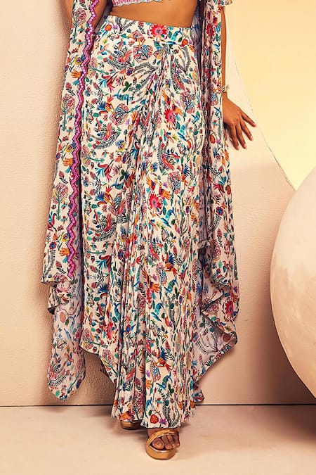 Shop Aneesh Agarwaal White Crepe Sequins, Mirrors, Mexican Folk Print Cape Draped Skirt Set Online at Aza Fashions Shop_Aneesh Agarwaal_White Crepe Sequins, Mirrors, Mexican Folk Print Cape Draped Skirt Set _Online_at_Aza_Fashions