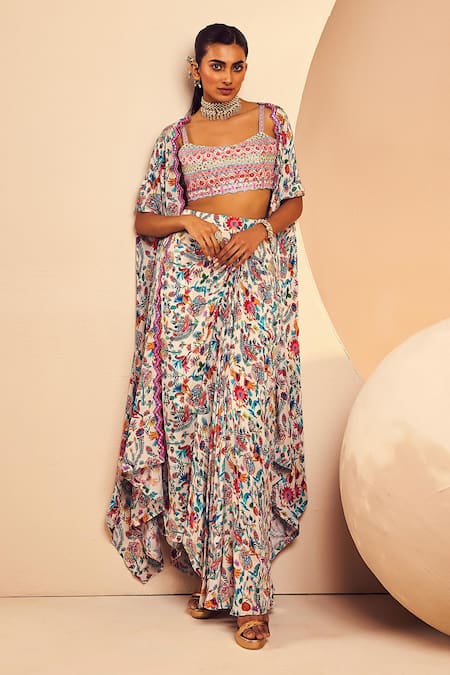 Buy Aneesh Agarwaal White Crepe Sequins, Mirrors, Mexican Folk Print Cape Draped Skirt Set Buy_Aneesh Agarwaal_White Crepe Sequins, Mirrors, Mexican Folk Print Cape Draped Skirt Set