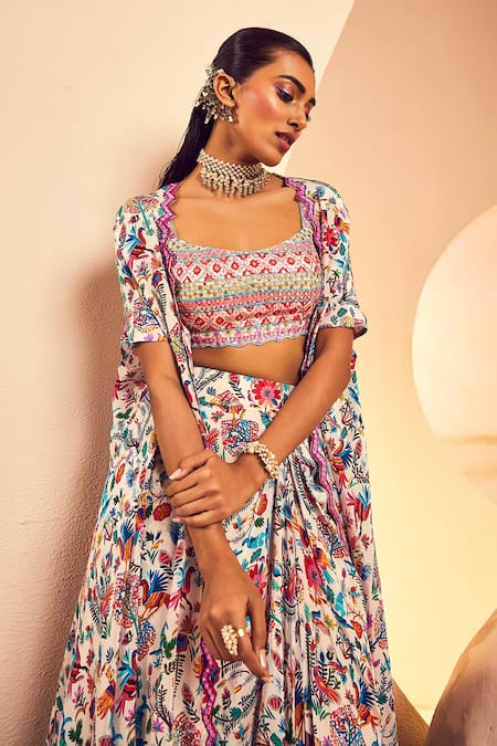 Shop Aneesh Agarwaal White Crepe Sequins, Mirrors, Mexican Folk Print Cape Draped Skirt Set Shop_Aneesh Agarwaal_White Crepe Sequins, Mirrors, Mexican Folk Print Cape Draped Skirt Set