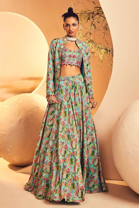 Aneesh Agarwaal Blue Crepe Printed Floral Sweetheart Botanical Jacket Skirt Set 