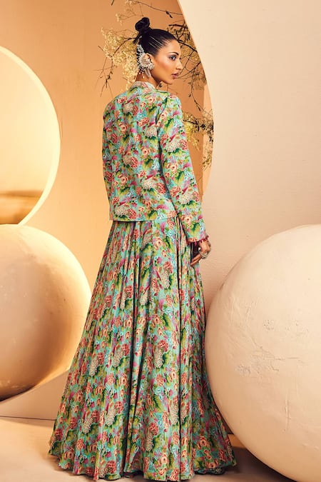 Shop_Aneesh Agarwaal_Blue Crepe Beads, Applique Sweetheart Neck, Botanical Print Jacket Skirt Set _at_Aza_Fashions