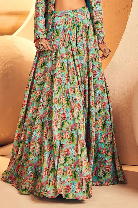 Aneesh Agarwaal_Blue Crepe Beads, Applique Sweetheart Neck, Botanical Print Jacket Skirt Set _Online_at_Aza_Fashions