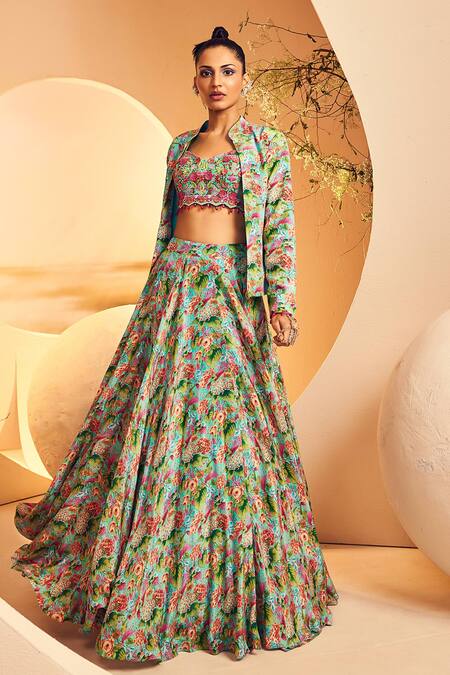 Buy_Aneesh Agarwaal_Blue Crepe Beads, Applique Sweetheart Neck, Botanical Print Jacket Skirt Set _Online_at_Aza_Fashions