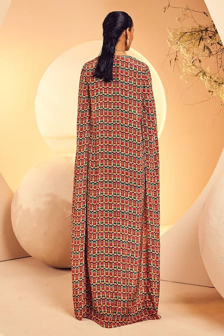 Shop_Aneesh Agarwaal_White Crepe Mirrors, Sequins Ikat Print Cape Top And Ruffled Skirt Set _at_Aza_Fashions