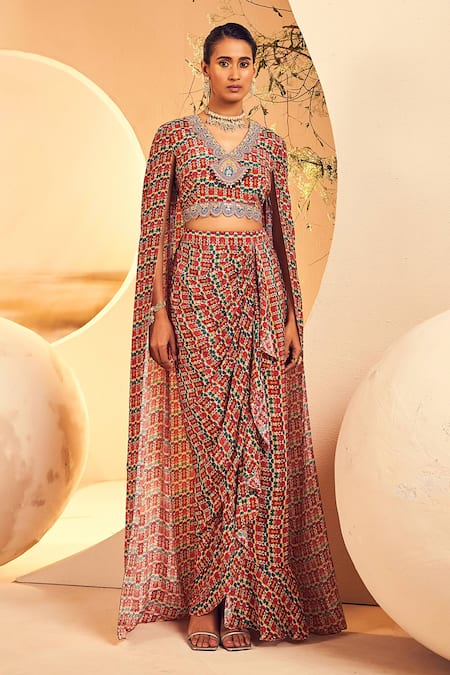 Aneesh Agarwaal_White Crepe Mirrors, Sequins Ikat Print Cape Top And Ruffled Skirt Set _Online_at_Aza_Fashions