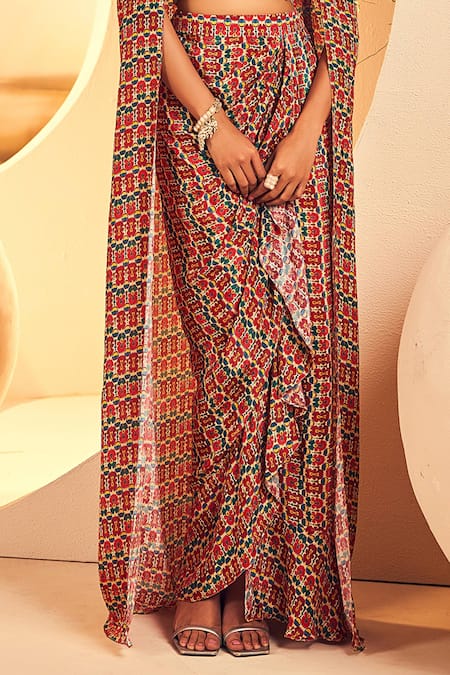 Buy_Aneesh Agarwaal_White Crepe Mirrors, Sequins Ikat Print Cape Top And Ruffled Skirt Set _Online_at_Aza_Fashions