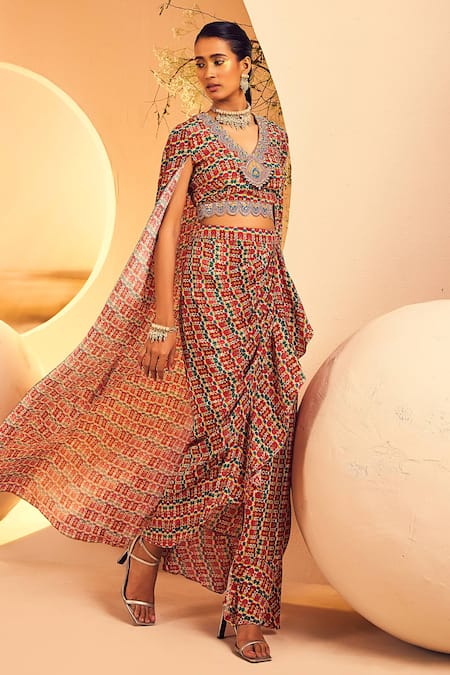 Shop_Aneesh Agarwaal_White Crepe Mirrors, Sequins Ikat Print Cape Top And Ruffled Skirt Set _Online_at_Aza_Fashions