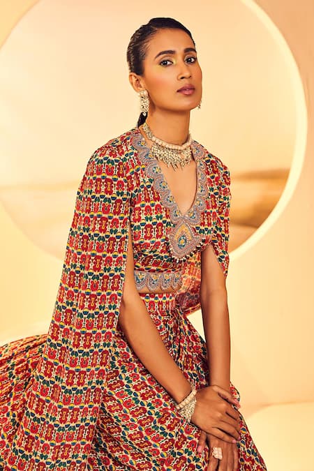 Aneesh Agarwaal_White Crepe Mirrors, Sequins Ikat Print Cape Top And Ruffled Skirt Set _at_Aza_Fashions