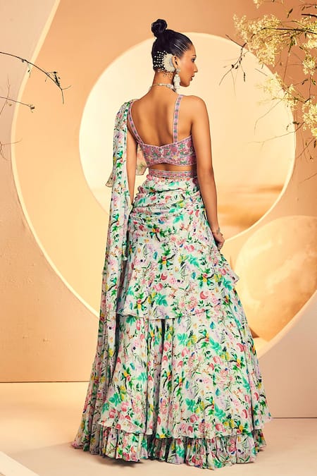 Shop_Aneesh Agarwaal_Blue Chiffon Beads, Embroidery Foliage Print Pre-draped Saree With Blouse _at_Aza_Fashions