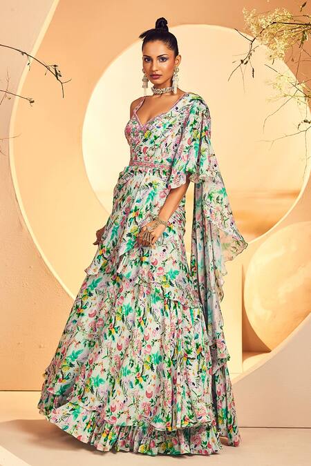Aneesh Agarwaal_Blue Chiffon Beads, Embroidery Foliage Print Pre-draped Saree With Blouse _at_Aza_Fashions