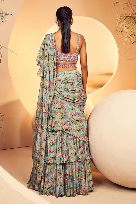 Shop_Aneesh Agarwaal_Blue Chiffon Embroidery, Beads Floral Printed Layered Pre-draped Saree _at_Aza_Fashions