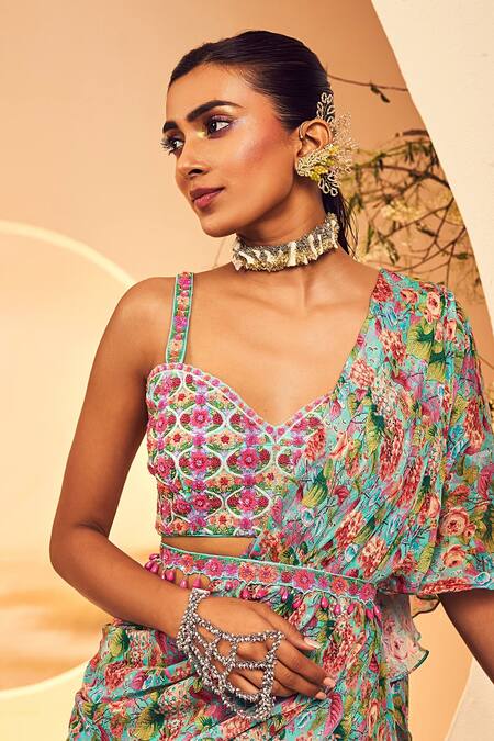 Shop_Aneesh Agarwaal_Blue Chiffon Embroidery, Beads Floral Printed Layered Pre-draped Saree _Online_at_Aza_Fashions