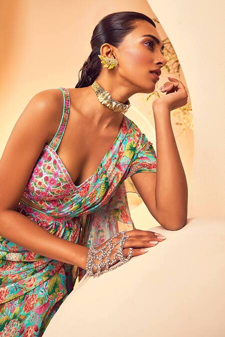 Aneesh Agarwaal_Blue Chiffon Embroidery, Beads Floral Printed Layered Pre-draped Saree _at_Aza_Fashions