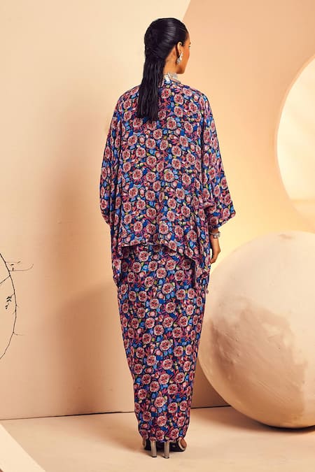 Shop_Aneesh Agarwaal_Blue Crepe Beads V-neck Abstract Print Poncho And Dhoti Skirt Set _at_Aza_Fashions