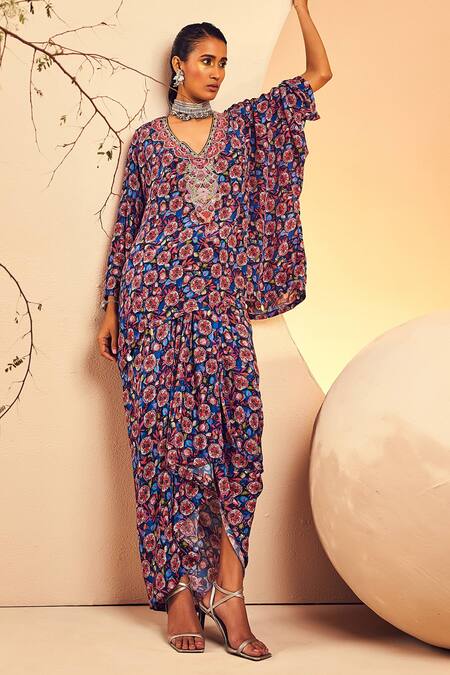 Aneesh Agarwaal_Blue Crepe Beads V-neck Abstract Print Poncho And Dhoti Skirt Set _Online_at_Aza_Fashions