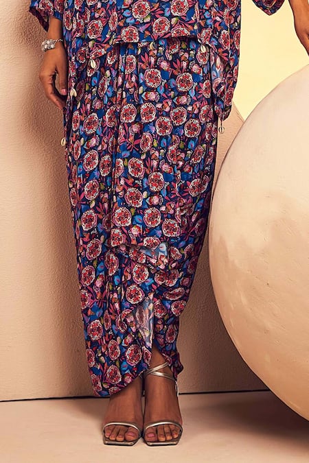 Buy_Aneesh Agarwaal_Blue Crepe Beads V-neck Abstract Print Poncho And Dhoti Skirt Set _Online_at_Aza_Fashions