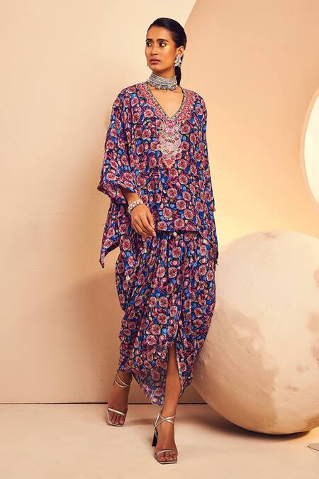 Shop_Aneesh Agarwaal_Blue Crepe Beads V-neck Abstract Print Poncho And Dhoti Skirt Set _Online_at_Aza_Fashions