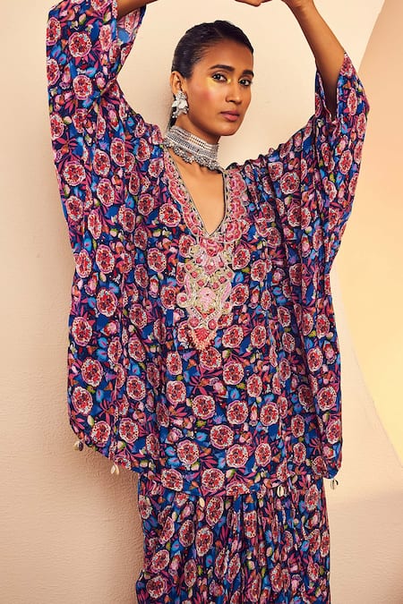 Aneesh Agarwaal_Blue Crepe Beads V-neck Abstract Print Poncho And Dhoti Skirt Set _at_Aza_Fashions