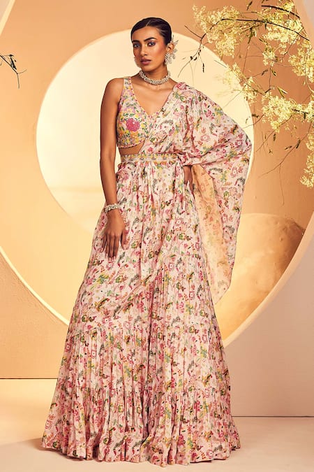 Aneesh Agarwaal Peach Chiffon Printed Floral Chintz V Neck Pre-draped Saree With Blouse 