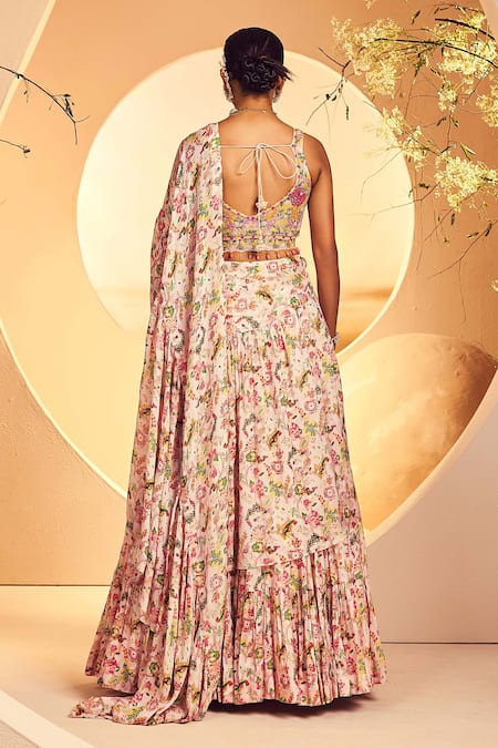 Shop_Aneesh Agarwaal_Peach Chiffon Beads, Cut Work, Floral Chintz Print Pre-draped Saree With Blouse _at_Aza_Fashions