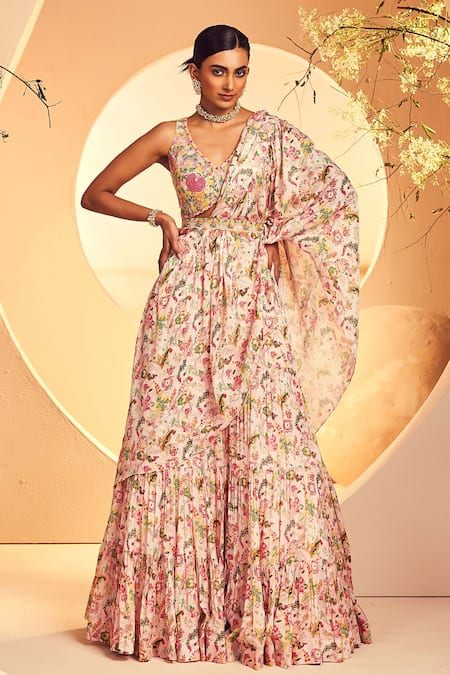 Aneesh Agarwaal_Peach Chiffon Beads, Cut Work, Floral Chintz Print Pre-draped Saree With Blouse _Online_at_Aza_Fashions