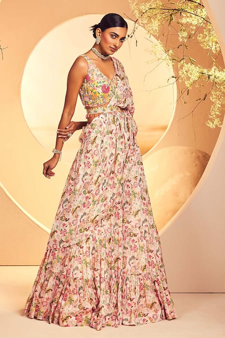Buy_Aneesh Agarwaal_Peach Chiffon Beads, Cut Work, Floral Chintz Print Pre-draped Saree With Blouse _Online_at_Aza_Fashions