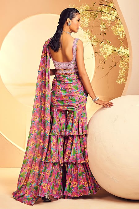 Aneesh Agarwaal Floral Print Pre-Draped Sharara Saree With Blouse 