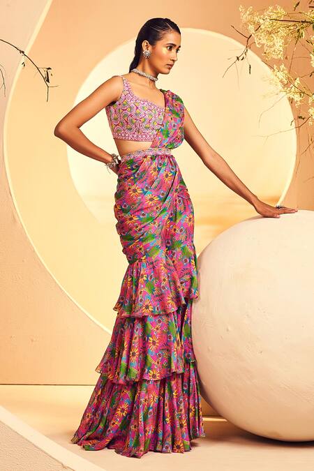 Aneesh Agarwaal_Pink Chiffon Embroidery Square Floral Print Pre-draped Sharara Saree With Blouse _Online_at_Aza_Fashions