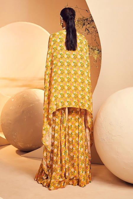 Shop Aneesh Agarwaal Yellow Chiffon Embroidery V-neck Floral Print Kaftan Tunic And Sharara Set at Aza Fashions Shop_Aneesh Agarwaal_Yellow Chiffon Embroidery V-neck Floral Print Kaftan Tunic And Sharara Set _at_Aza_Fashions