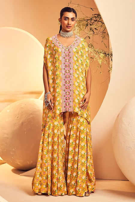 Aneesh Agarwaal Yellow Chiffon Embroidery V-neck Floral Print Kaftan Tunic And Sharara Set Online at Aza Fashions Aneesh Agarwaal_Yellow Chiffon Embroidery V-neck Floral Print Kaftan Tunic And Sharara Set _Online_at_Aza_Fashions