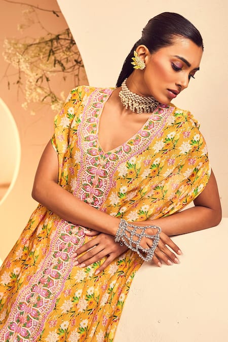 Shop Aneesh Agarwaal Yellow Chiffon Embroidery V-neck Floral Print Kaftan Tunic And Sharara Set Online at Aza Fashions Shop_Aneesh Agarwaal_Yellow Chiffon Embroidery V-neck Floral Print Kaftan Tunic And Sharara Set _Online_at_Aza_Fashions