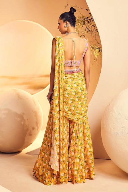 Aneesh Agarwaal Floral Print Pre-Draped Sharara Saree Set 