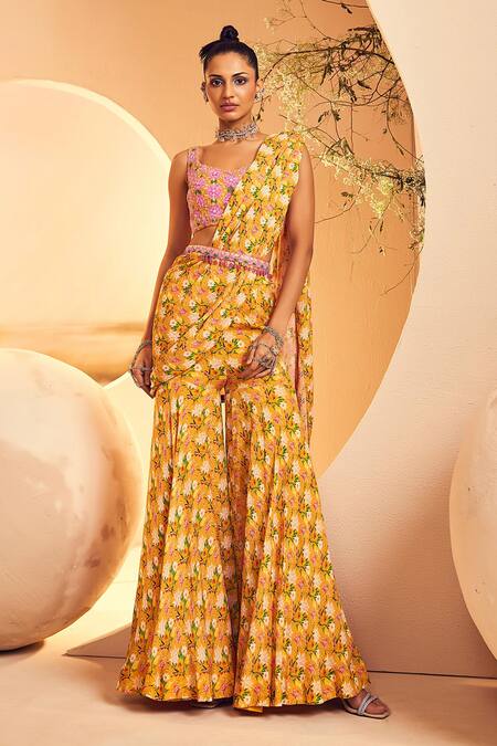 Aneesh Agarwaal_Yellow Chiffon Embroidery, Beads Floral Print Pre-draped Sharara Saree Set _Online_at_Aza_Fashions