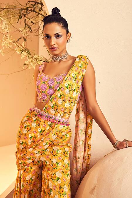 Shop_Aneesh Agarwaal_Yellow Chiffon Embroidery, Beads Floral Print Pre-draped Sharara Saree Set _Online_at_Aza_Fashions