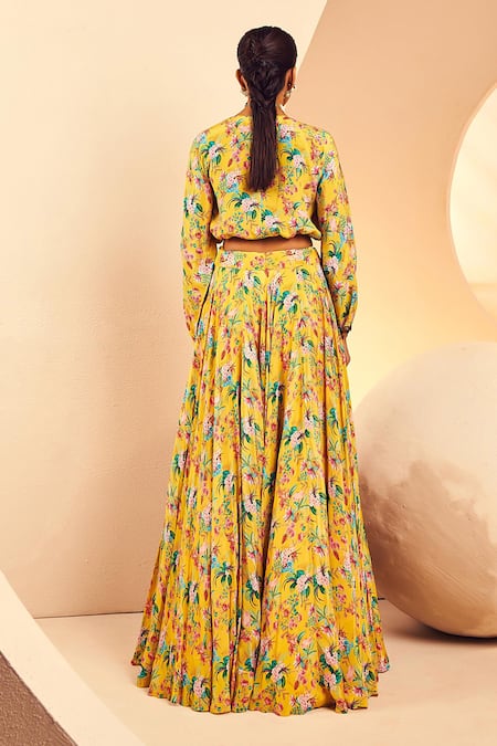 Shop Aneesh Agarwaal Yellow Crepe Embroidery Round Neck Floral Print Flared Lehenga With Blouse at Aza Fashions Shop_Aneesh Agarwaal_Yellow Crepe Embroidery Round Neck Floral Print Flared Lehenga With Blouse _at_Aza_Fashions