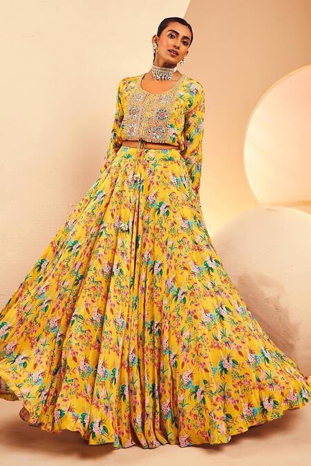 Buy Aneesh Agarwaal Yellow Crepe Embroidery Round Neck Floral Print Flared Lehenga With Blouse Online at Aza Fashions Buy_Aneesh Agarwaal_Yellow Crepe Embroidery Round Neck Floral Print Flared Lehenga With Blouse _Online_at_Aza_Fashions